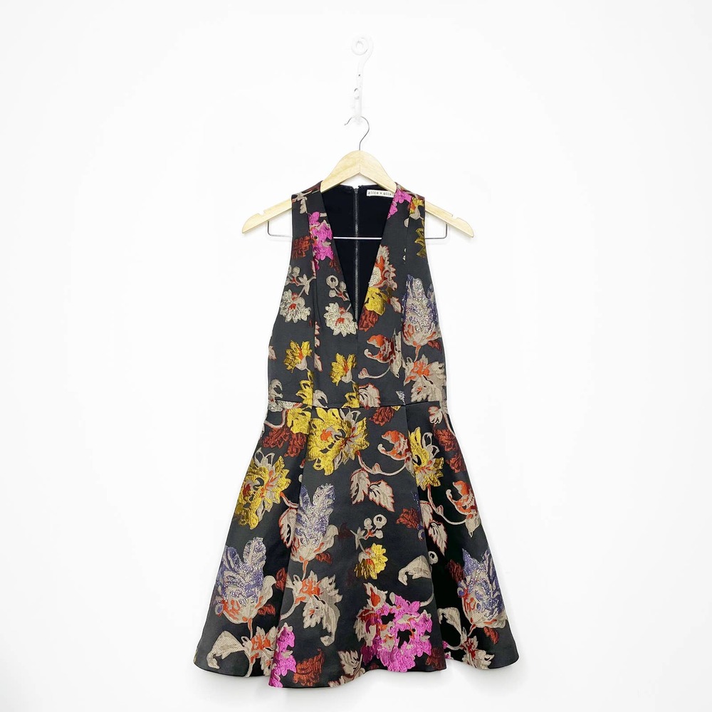 Alice + Olivia Black Floral Midi Dress with Pink, Yellow & Purple Accents